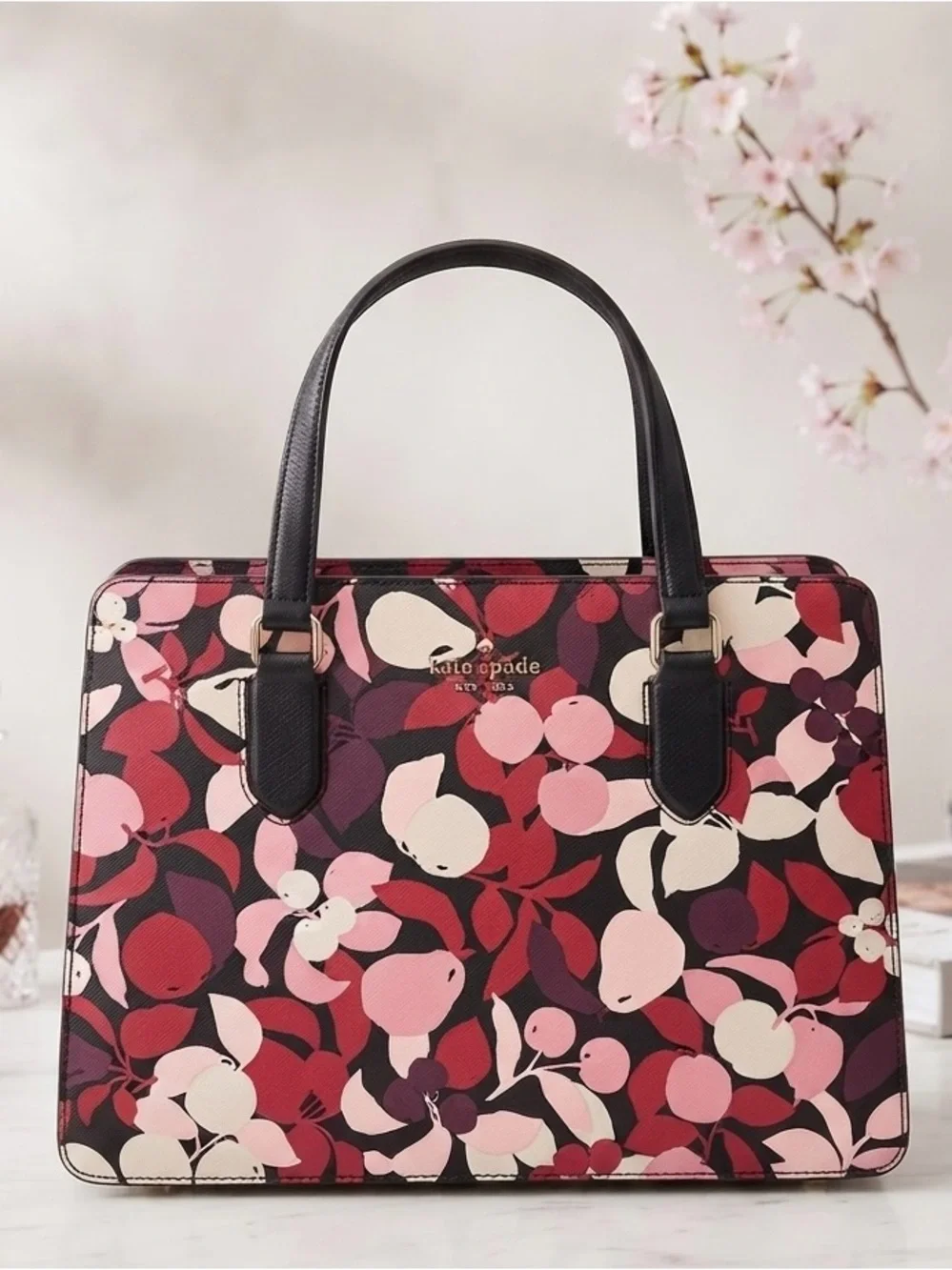 kate spade Floral Print Leather Satchel in Pink, Red & Black